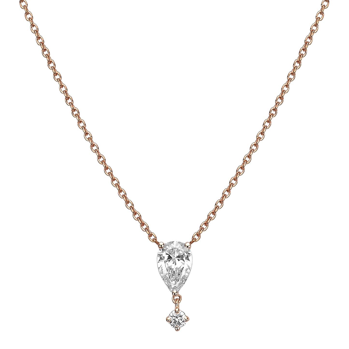 Rose gold necklace with a pear-shaped diamond pendant on a white background