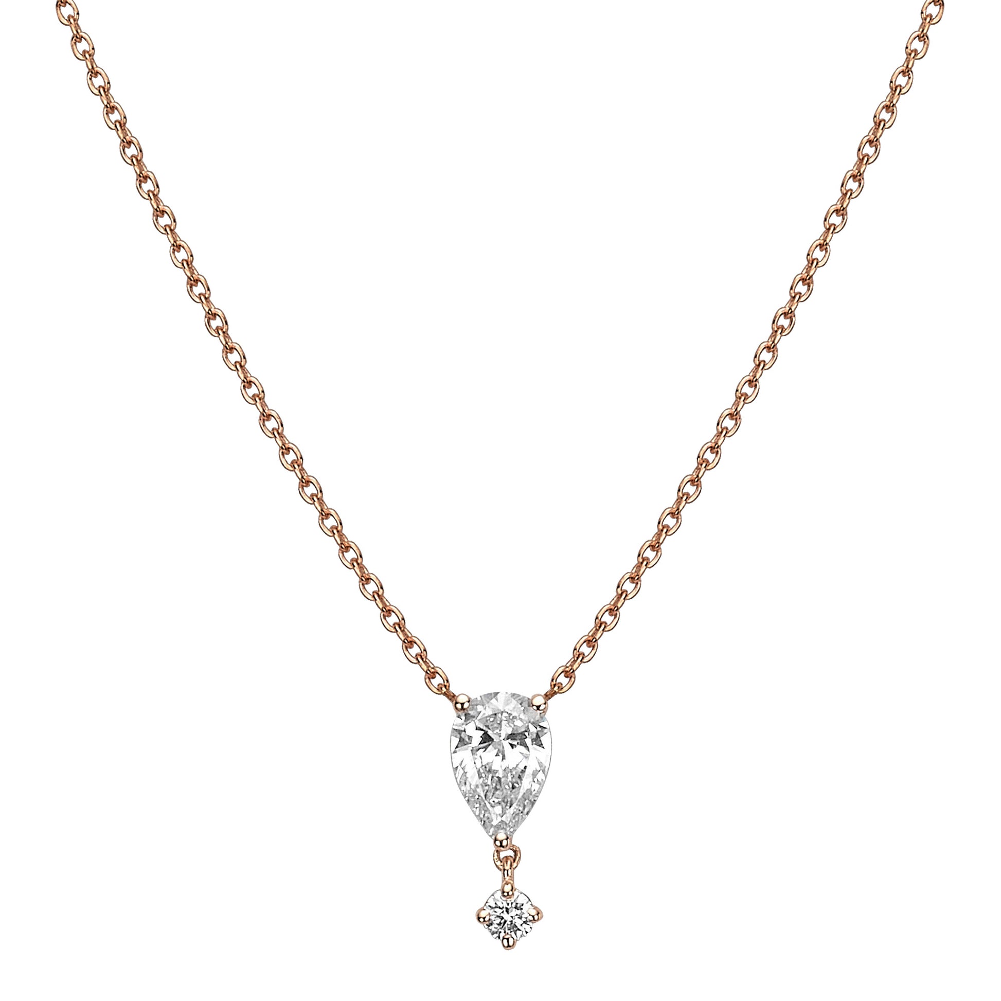 Rose gold necklace with a pear-shaped diamond pendant on a white background