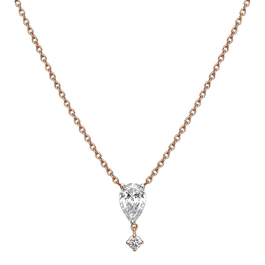 Rose gold necklace with a pear-shaped diamond pendant on a white background